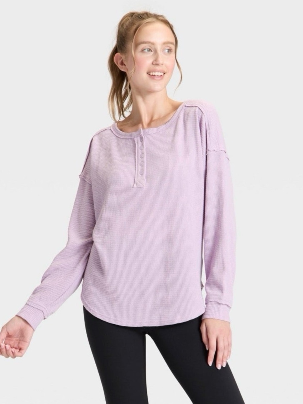 JoyLab Long Sleeve Waffle Henley Top in Lavender